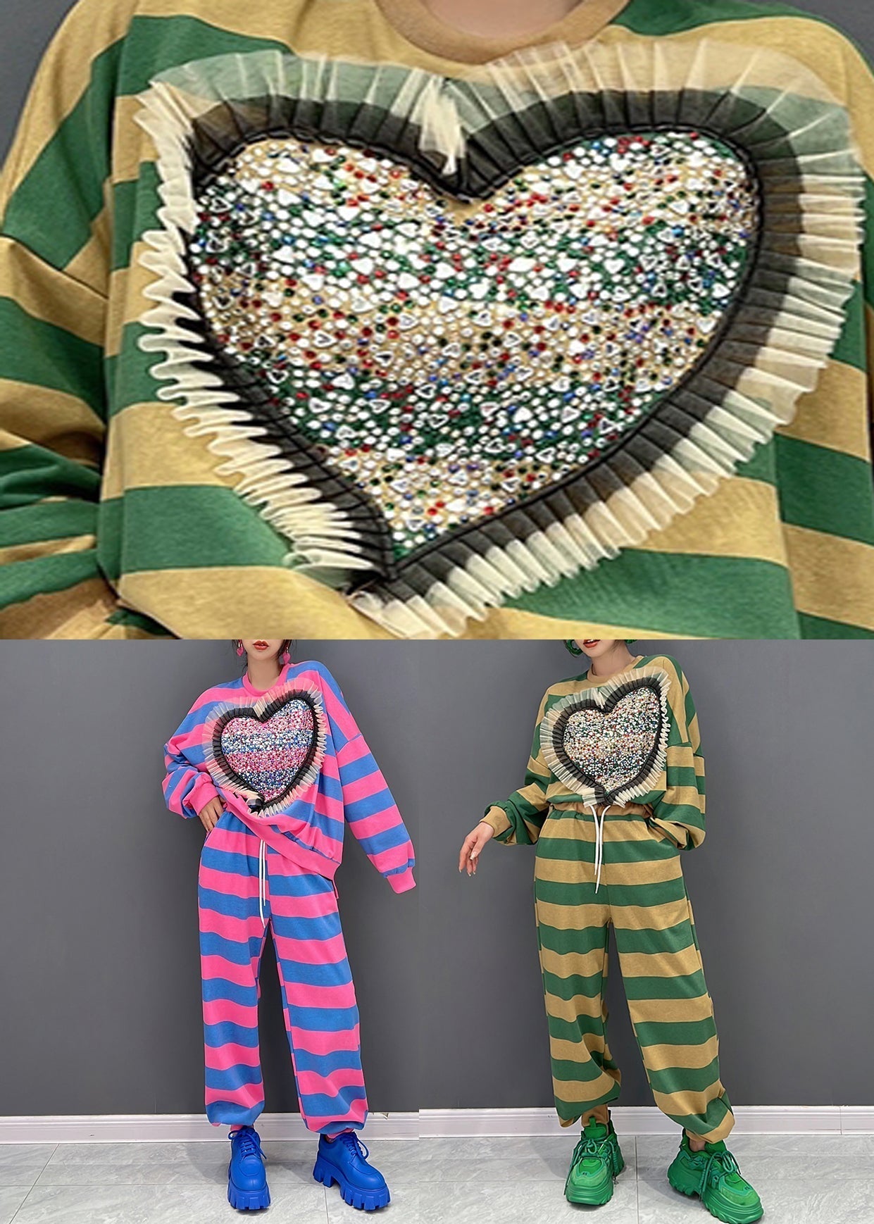 Rot Blau Gestreiften O-Ausschnitt Helle Diamant Top Und Hose Zwei Stücke Set Herbst