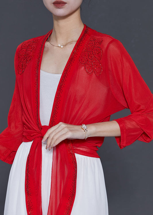 Rot Chiffon Strickjacken Bestickt Zirkon Sommer