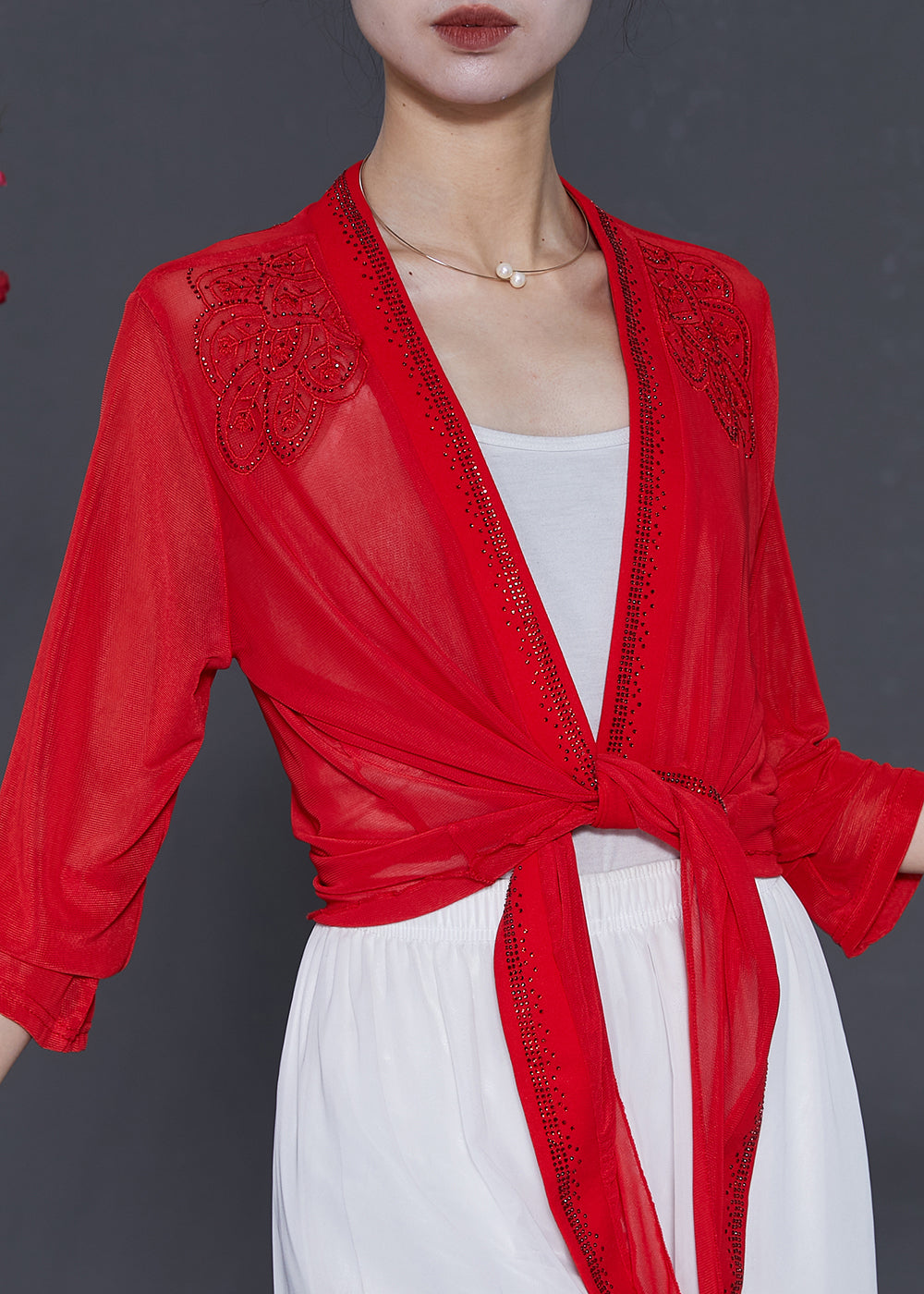 Rot Chiffon Strickjacken Bestickt Zirkon Sommer