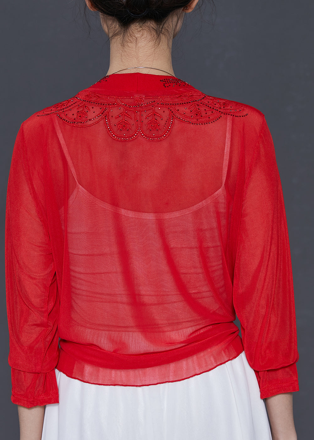 Rot Chiffon Strickjacken Bestickt Zirkon Sommer