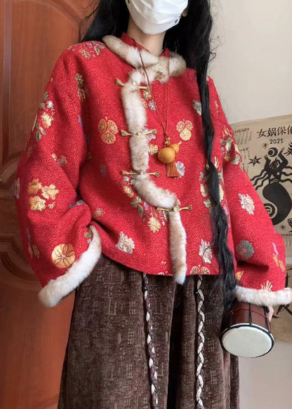 Parka de invierno cálida de polar con cuello alto y botones chinos rojos