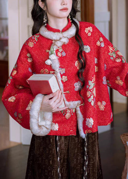 Parka de invierno cálida de polar con cuello alto y botones chinos rojos