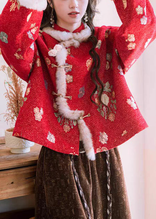 Parka de invierno cálida de polar con cuello alto y botones chinos rojos