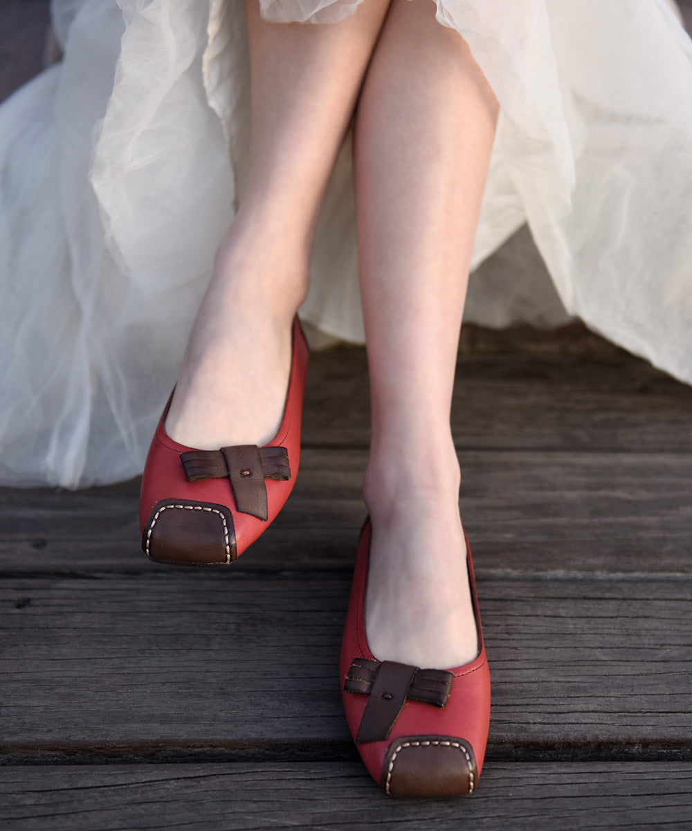 Red Comfy Cowhide Leather Splicing Penny Loafers
