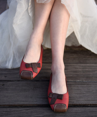 Red Comfy Cowhide Leather Splicing Penny Loafers