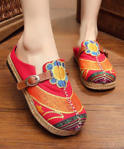 Red Cotton Linen Embroideried Fabric Vintage Buckle Strap Thong Sandals - SooLinen