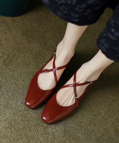 Red Cowhide Leather Cross Strap Splicing Chic Flat Feet Shoes