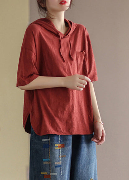 Rotes T-Shirt mit Kapuze aus fester Baumwolle mit Kordelzug für den Sommer