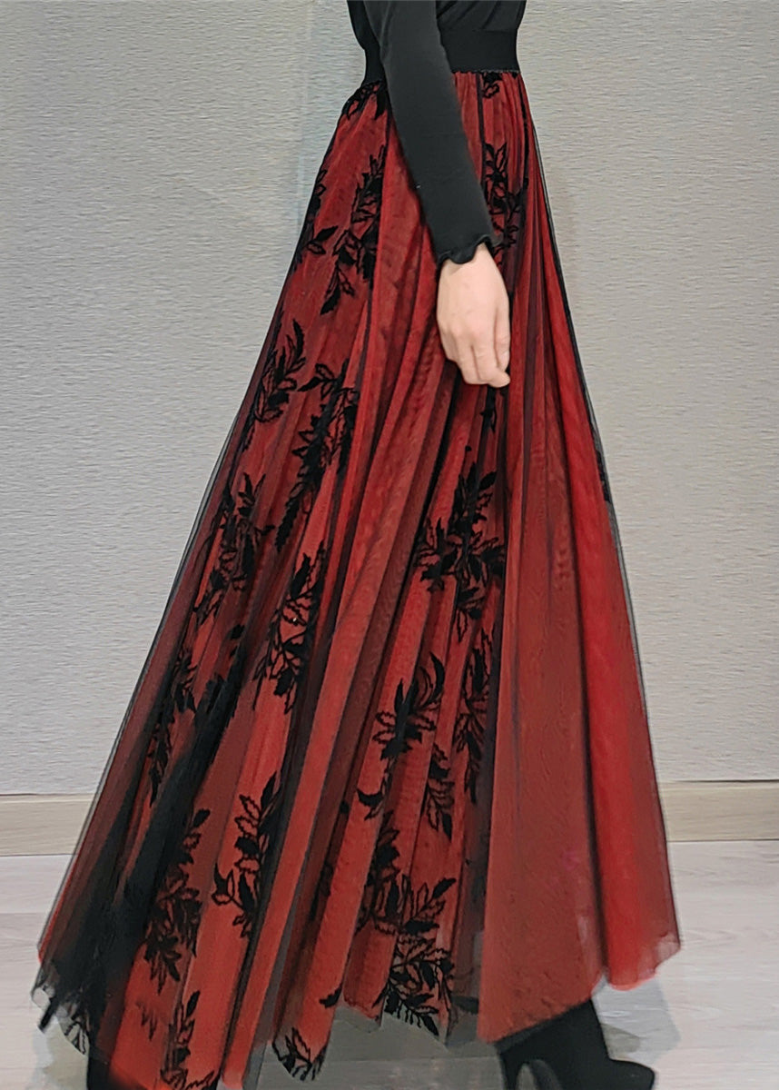 Rot Elastische Taille Patchwork Tüll Maxi Rock Frühling