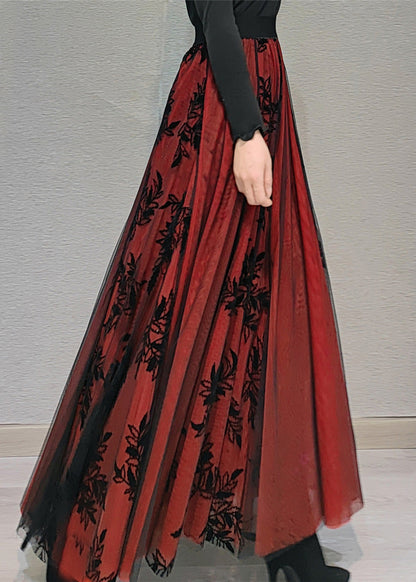 Rot Elastische Taille Patchwork Tüll Maxi Rock Frühling