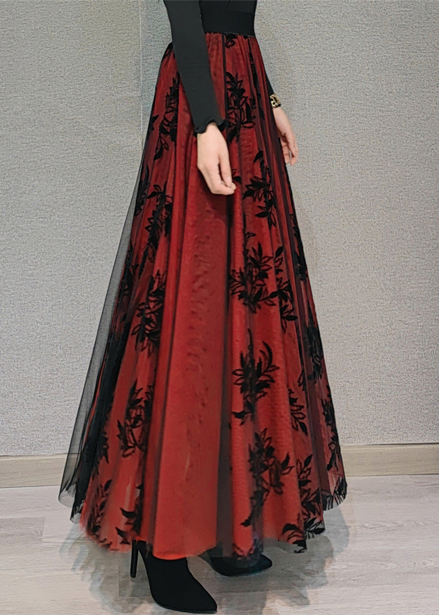 Rot Elastische Taille Patchwork Tüll Maxi Rock Frühling