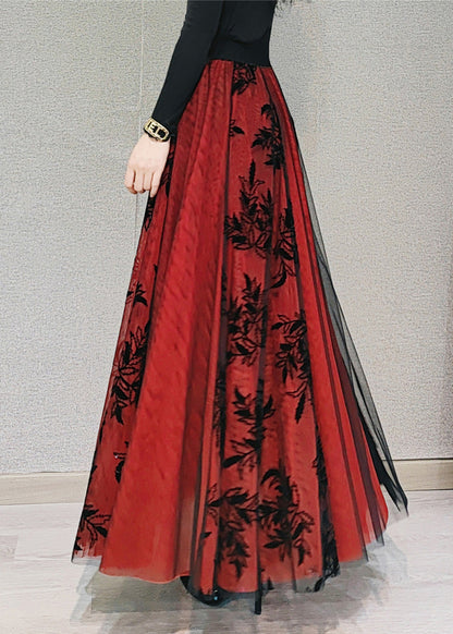 Rot Elastische Taille Patchwork Tüll Maxi Rock Frühling