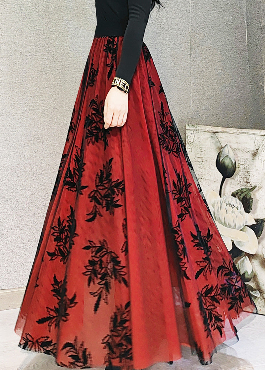 Rot Elastische Taille Patchwork Tüll Maxi Rock Frühling