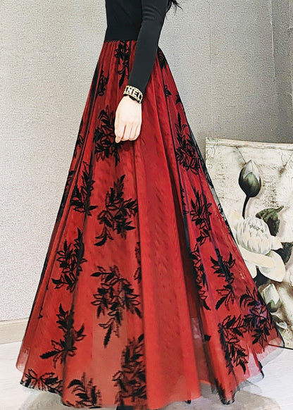 Rot Elastische Taille Patchwork Tüll Maxi Rock Frühling