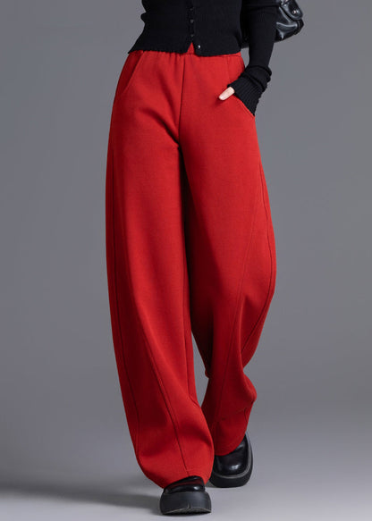 Rote Frühlingshose aus einfarbigem Baumwollstoff mit elastischem Bund und Taschen