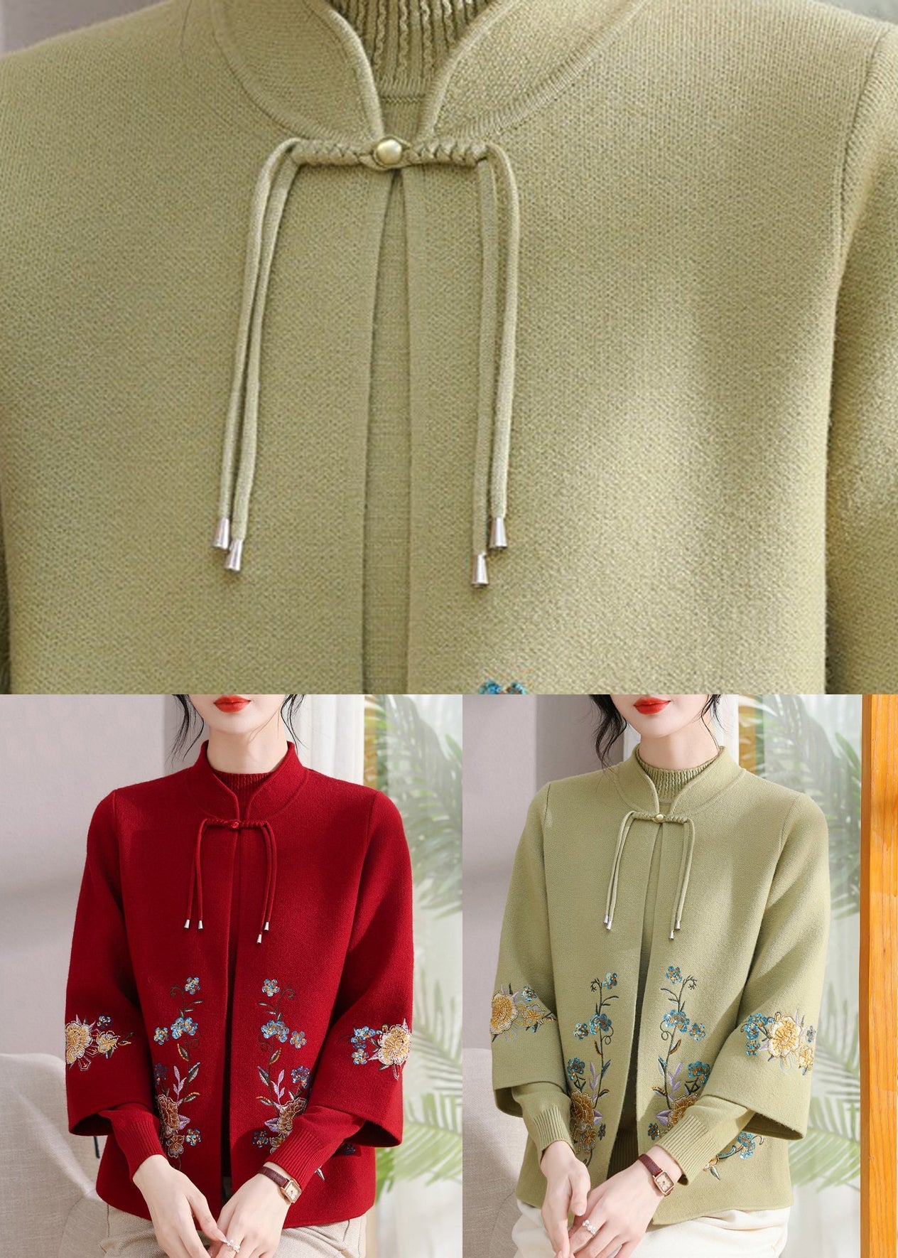 Zweiteiliges Set aus roter, bestickter Strickjacke und Pullover aus Baumwollstrick – Frühling