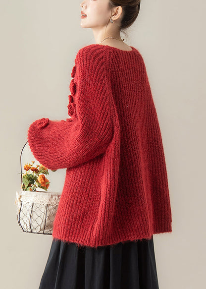 Red Floral Lace Up Knit Loose Cardigan V Neck