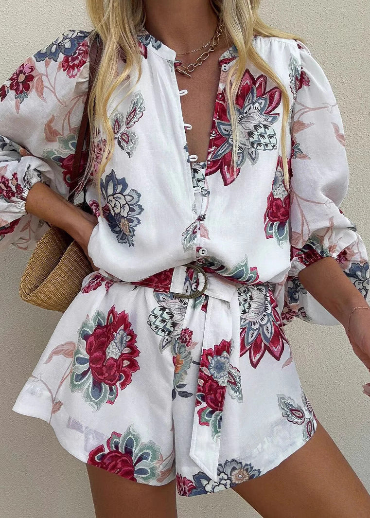 Red Floral Print Linen Two Piece Set Oversized Summer