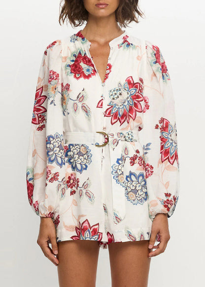 Red Floral Print Linen Two Piece Set Oversized Summer