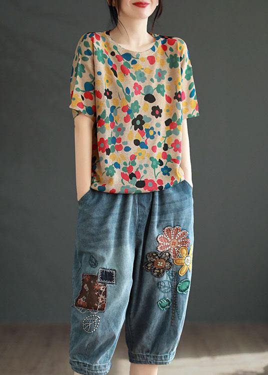 Camiseta de algodón con estampado floral rojo y patchwork, cuello redondo, verano