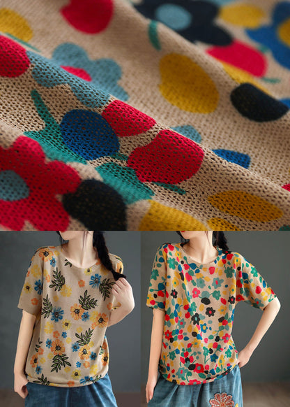 Camiseta de algodón con estampado floral rojo y patchwork, cuello redondo, verano