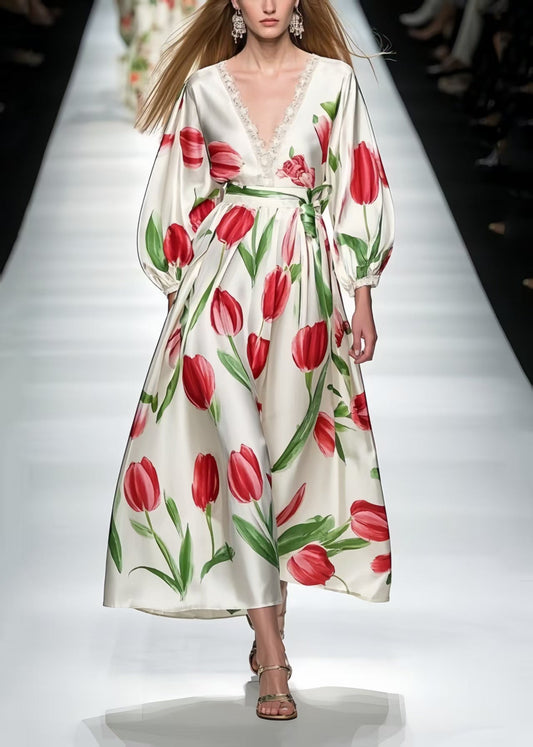 Red Floral Print Silk Ankle Dress V Neck Bracelet Sleeve