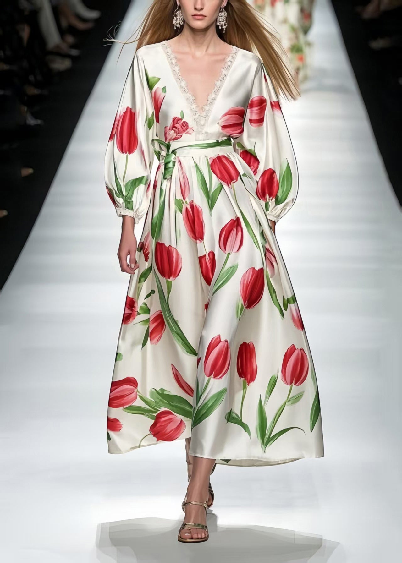 Red Floral Print Silk Ankle Dress V Neck Bracelet Sleeve