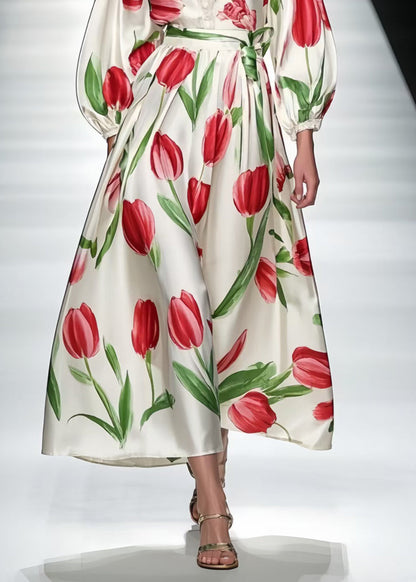 Red Floral Print Silk Ankle Dress V Neck Bracelet Sleeve