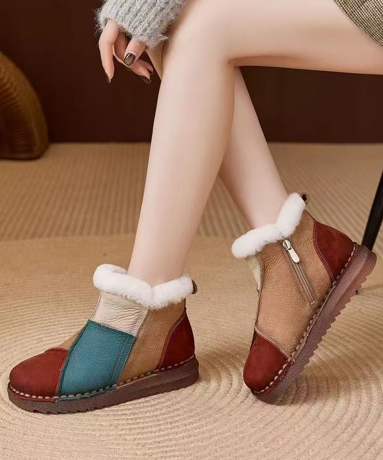 Bequeme, rote, flauschige Stiefel aus Rindsleder mit Wollfutter