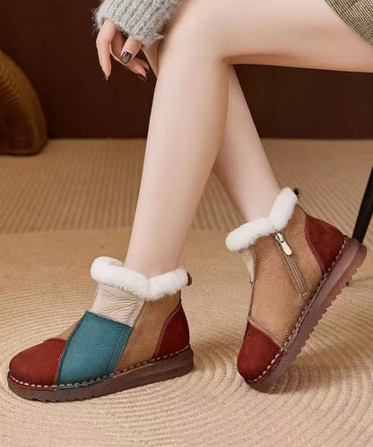 Bequeme, rote, flauschige Stiefel aus Rindsleder mit Wollfutter