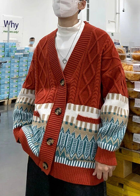 Red Geometric Cozy Knitted Cotton Winter Mens Coats V Neck