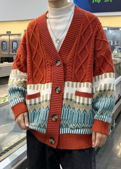 Red Geometric Cozy Knitted Cotton Winter Mens Coats V Neck