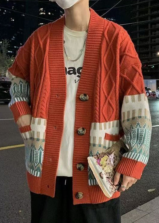Red Geometric Cozy Knitted Cotton Winter Mens Coats V Neck
