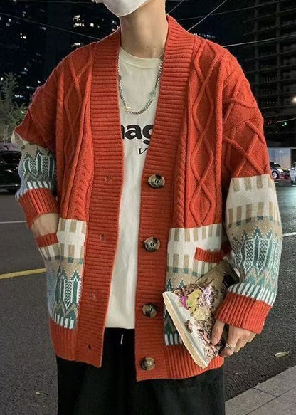 Red Geometric Cozy Knitted Cotton Winter Mens Coats V Neck