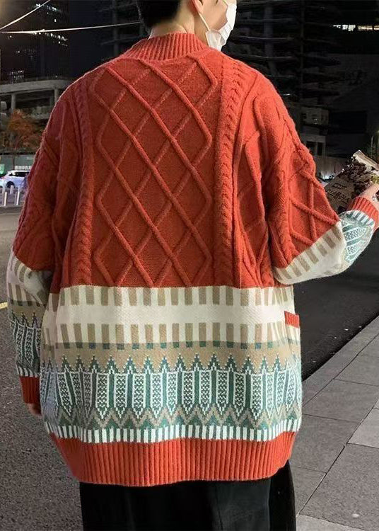 Red Geometric Cozy Knitted Cotton Winter Mens Coats V Neck