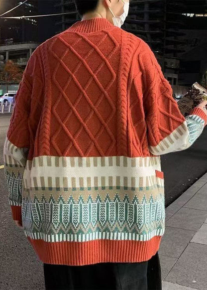 Red Geometric Cozy Knitted Cotton Winter Mens Coats V Neck