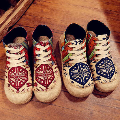 Red Jacquard Cotton Linen Fabric For Women Splicing Flat Feet Shoes - SooLinen