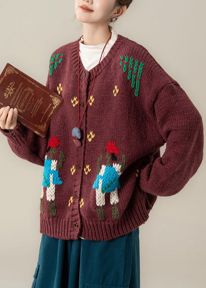 Roter, kuscheliger Oversize-Strickmantel aus Jacquard mit Rundhalsausschnitt