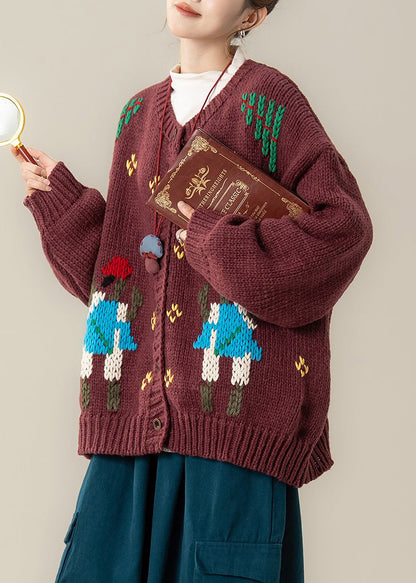 Roter, kuscheliger Oversize-Strickmantel aus Jacquard mit Rundhalsausschnitt