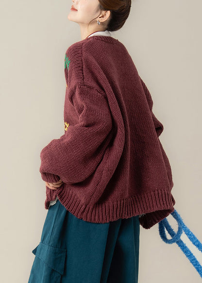 Roter, kuscheliger Oversize-Strickmantel aus Jacquard mit Rundhalsausschnitt