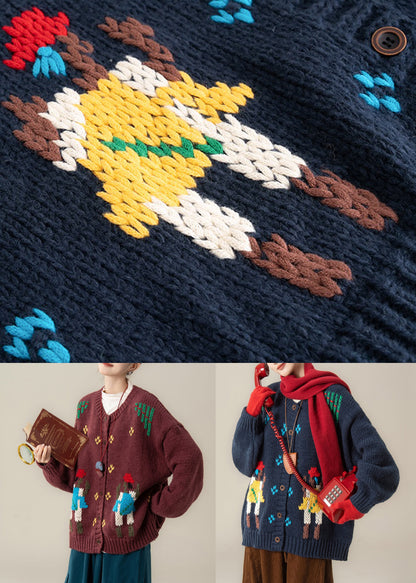 Roter, kuscheliger Oversize-Strickmantel aus Jacquard mit Rundhalsausschnitt