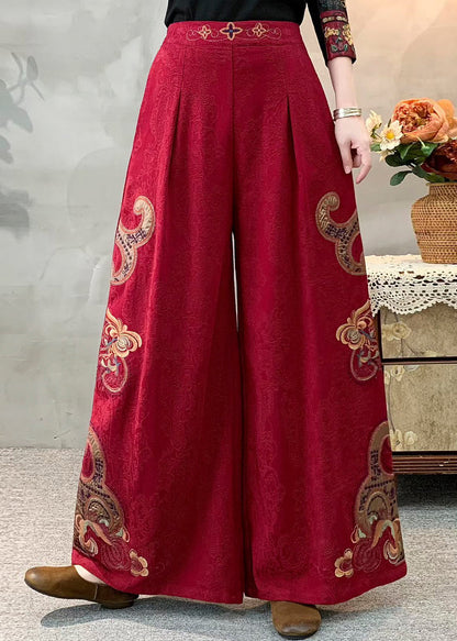 Rote Jacquard-Leinenhose mit weitem Bein, bestickt, Frühling