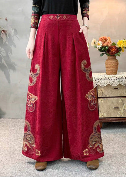 Rote Jacquard-Leinenhose mit weitem Bein, bestickt, Frühling
