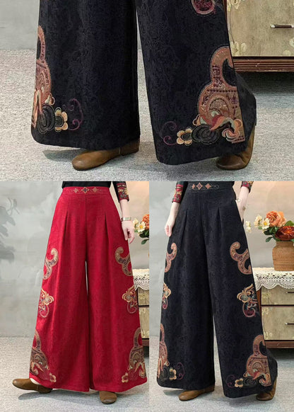 Rote Jacquard-Leinenhose mit weitem Bein, bestickt, Frühling