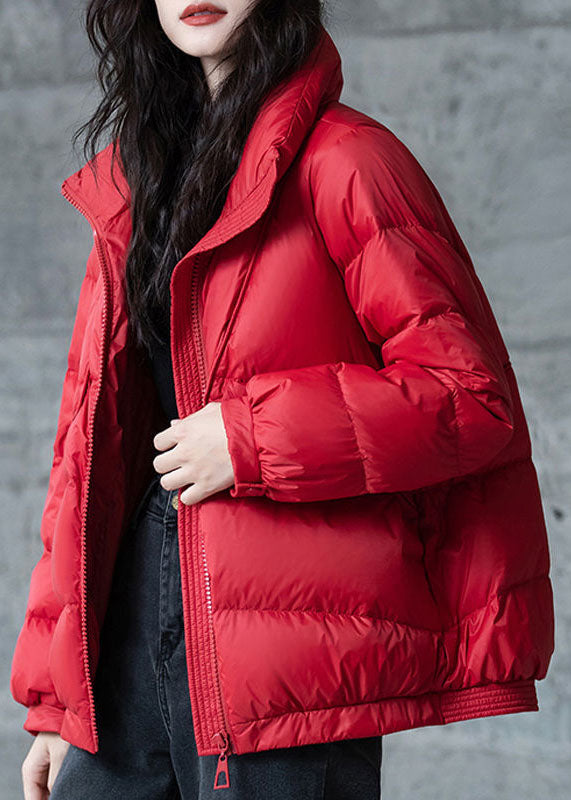 Rote Lose Entendaunen Puffer Jacken Stehkragen Zip Up Winter