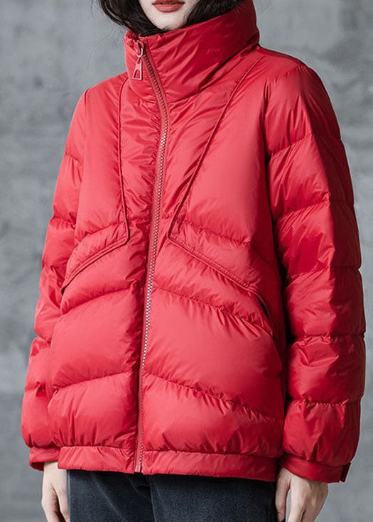 Rote Lose Entendaunen Puffer Jacken Stehkragen Zip Up Winter