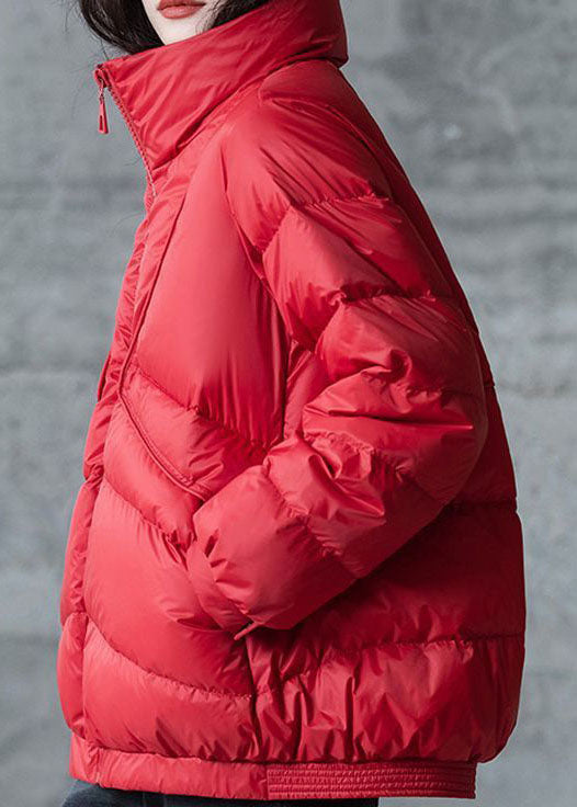 Rote Lose Entendaunen Puffer Jacken Stehkragen Zip Up Winter