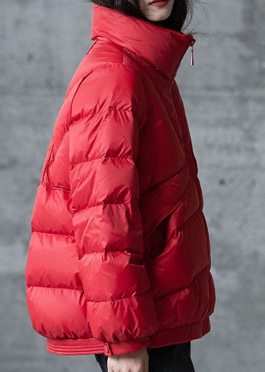 Rote Lose Entendaunen Puffer Jacken Stehkragen Zip Up Winter