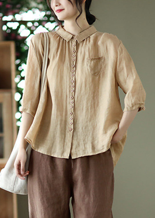 Camisa de lino lisa de diseño bajo y alto en color rojo, media manga