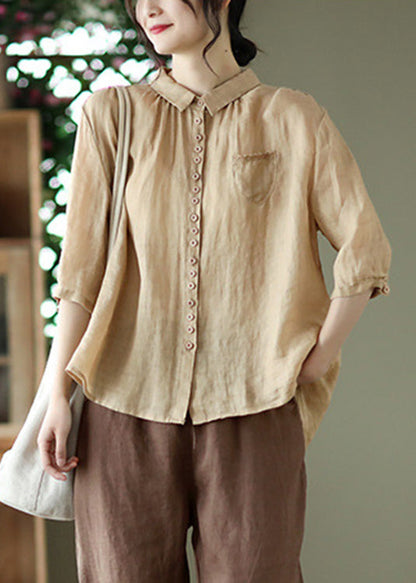 Camisa de lino lisa de diseño bajo y alto en color rojo, media manga